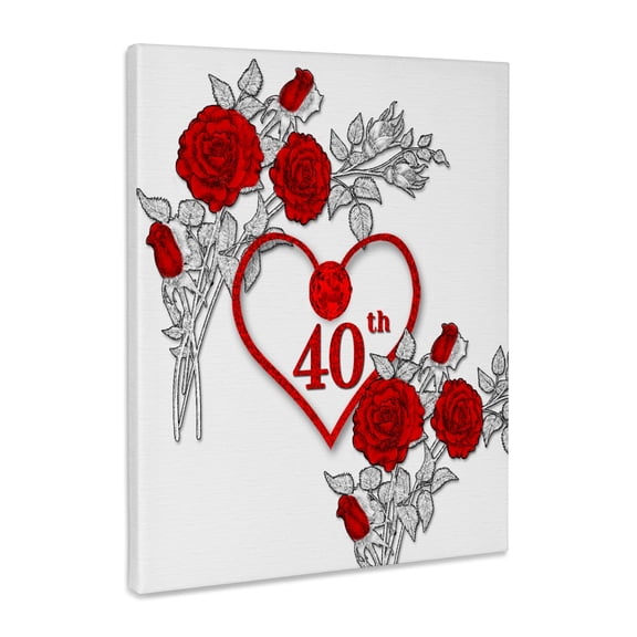 3dRose, Red Heart and Roses 40th Ruby Anniversary for Wedding or Business, Museum Grade Canvas Wrap 16x20