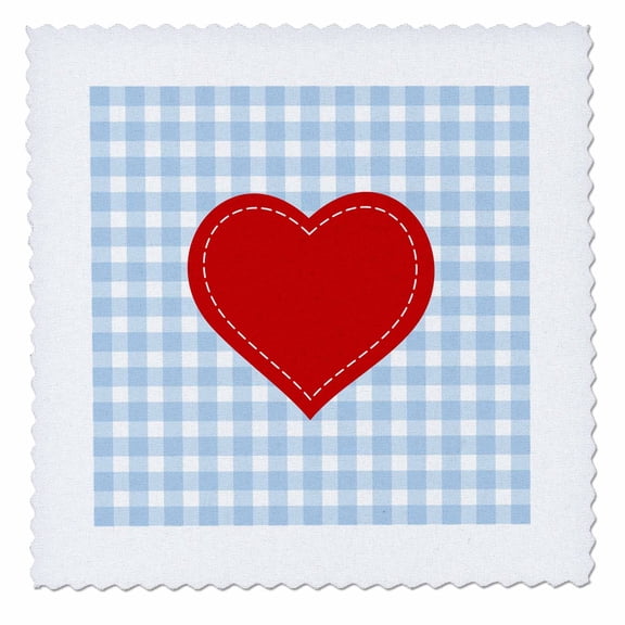 3dRose, Red Heart with White Stitch detail over Blue Gingham, 12x12 inch quilt square
