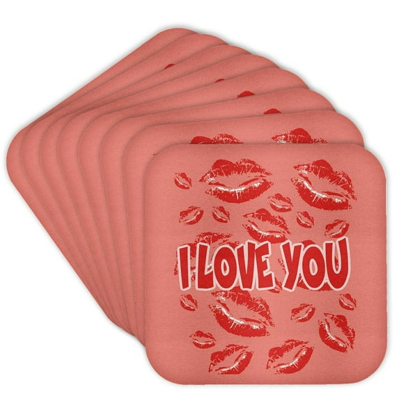 3drose, Red Lips Kissing Pattern Valentines Day with I Love You Message, Set of 8 Coasters - Soft