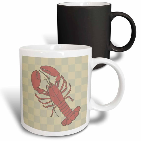 3drose, Red Lobster Checkered Art - Beach Themed - Ocean, 11oz Magic Transforming Mug