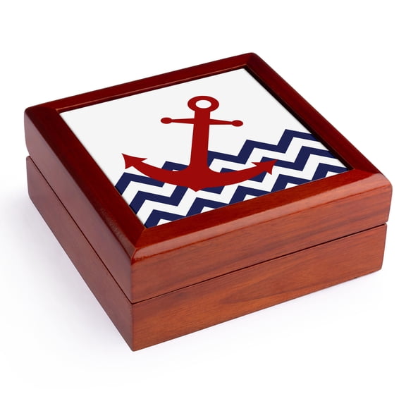 3dRose, Red Nautical Boat Anchor on Chevron Pattern, Jewelry Box 5.5x5.5 inch with 4 inch tile