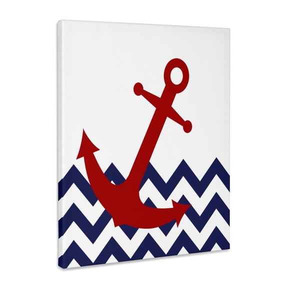 3dRose, Red Nautical Boat Anchor on Chevron Pattern, Museum Grade Canvas Wrap 16x20