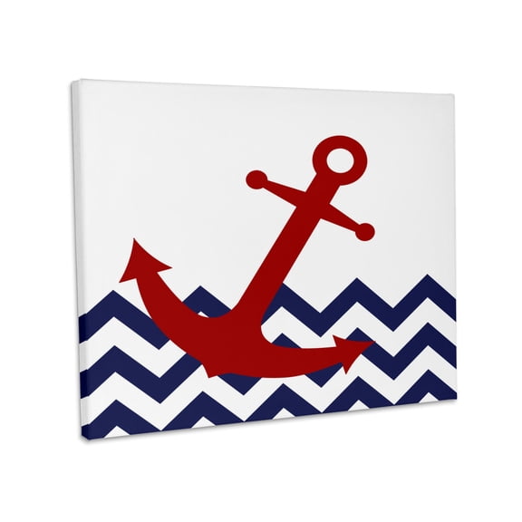 3dRose, Red Nautical Boat Anchor on Chevron Pattern, Museum Grade Canvas Wrap 20x16