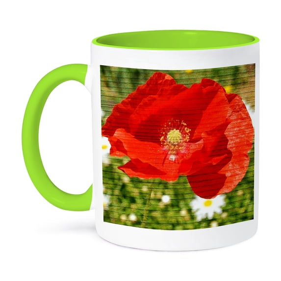 3dRose, Red Poppy Flower Wood Design Flowers, 15oz Two-Tone Green Mug
