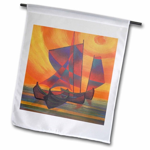 3dRose, Red Sails In The Sunset - sailboat, sails, seascape, semi abstract, boat, sail boat, wooden boat, 12 x 18 inch Garden Flag