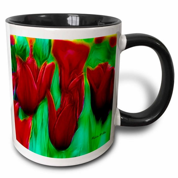 3drose, Red Tulip Flowers, 15oz Two-tone Black Mug