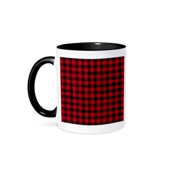 3dRose, Red and Black Plaid Checks Pattern, 11oz Two-Tone Black Mug