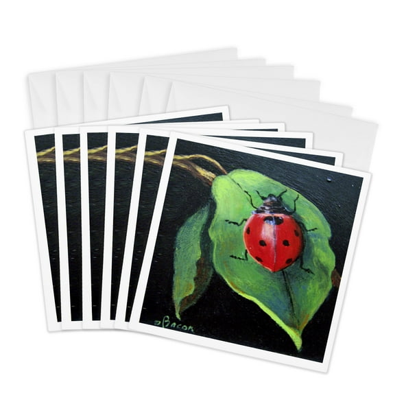 3dRose, Red and Black Spotted Lady Bug on green leaf., 6 Greeting Cards with envelopes
