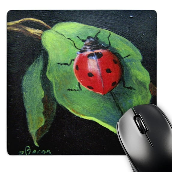 3dRose, Red and Black Spotted Lady Bug on green leaf., MousePad