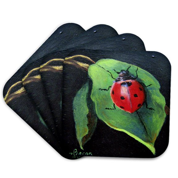 3dRose, Red and Black Spotted Lady Bug on green leaf., Set of 4 Coasters - Soft