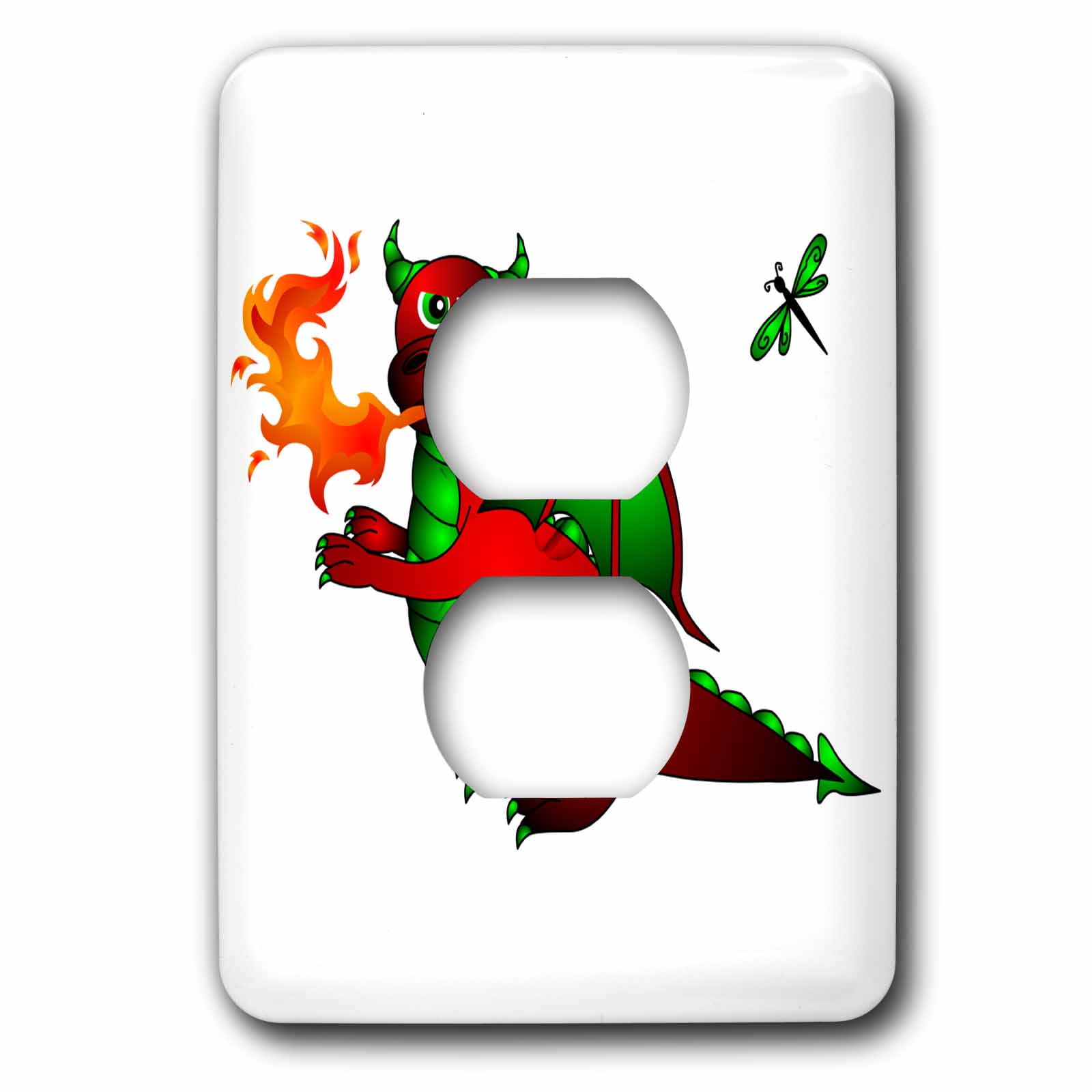3dRose, Red and Green Fire Breathing Dragon and Dragonfly, 2 plug outlet cover