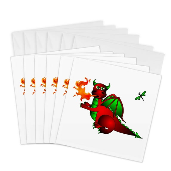 3drose, Red and Green Fire Breathing Dragon and Dragonfly, 6 Greeting Cards with Envelopes