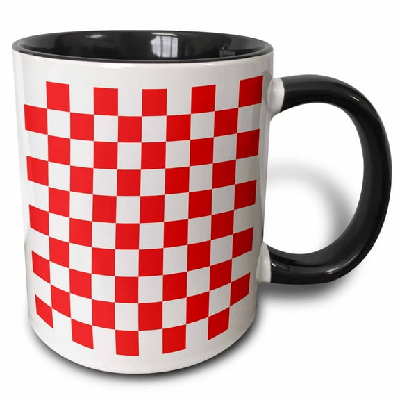 3drose, Red and White Checkered Print, 11oz Two-tone Black Mug