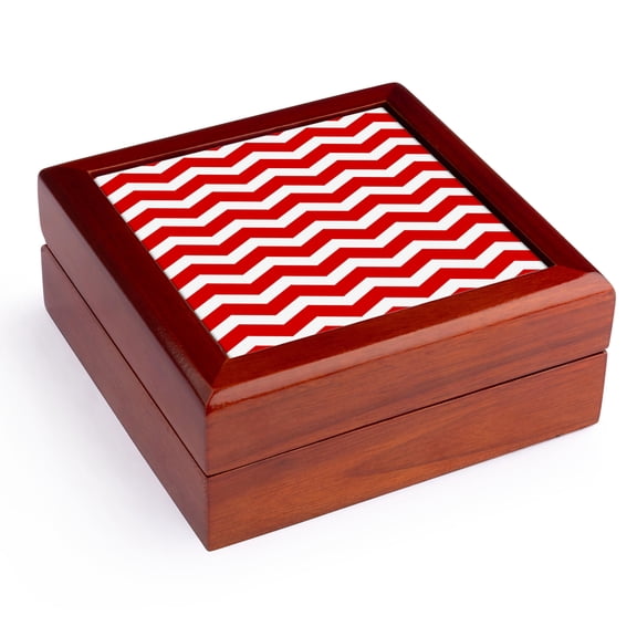 3dRose, Red and White Chevron Zig Zag Pattern - Modern Contemporary bold zigzag stripes - trendy zig zags, Jewelry Box 5.5x5.5 inch with 4 inch tile
