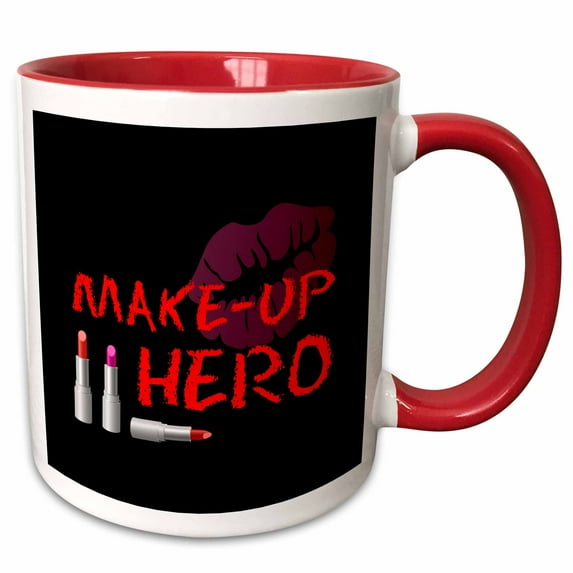 3drose, Red Text Makeup Hero, Three Lipstick Tubes, Lips on Black, 11oz Two-tone Red Mug