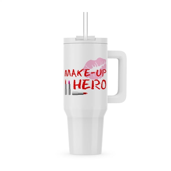 Red Text Makeup Hero, Three Lipstick Tubes, Lips On White Background, 30oz Tumbler