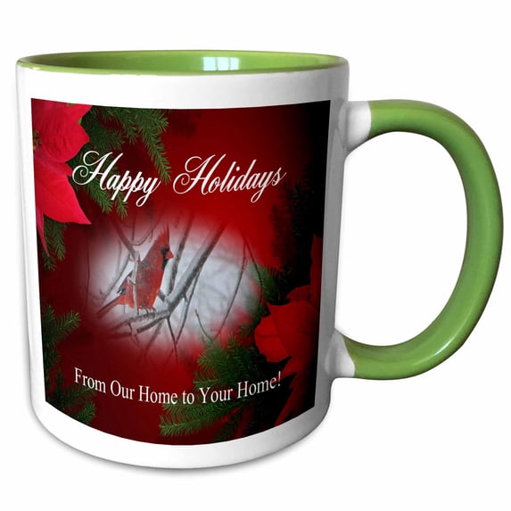 3drose, Redbird and Poinsettias, Happy Holidays from Our Home to Your Home, 15oz Two-tone Green Mug