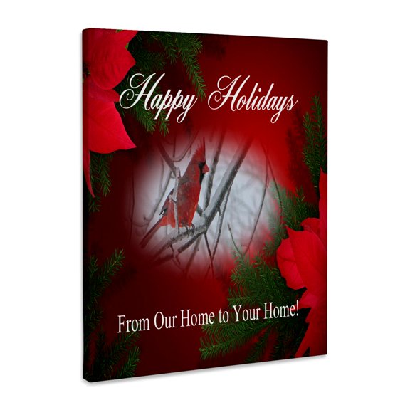 3dRose, Redbird and Poinsettias, Happy Holidays from Our Home to Your Home, Museum Grade Canvas Wrap 16x20
