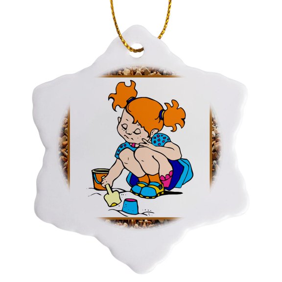 3drose, Redhead in Sandbox, 3 inch Snowflake Porcelain Ornament