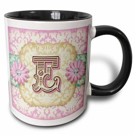 3drose, Regal Pastel Mod Damask Monogram Initial E, 11oz Two-tone Black Mug