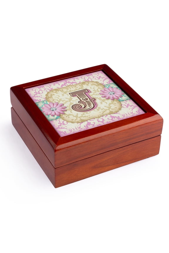 , Regal Pastel Mod Damask Monogram Initial J, Jewelry Box 5.5x5.5 inch with 4 inch tile