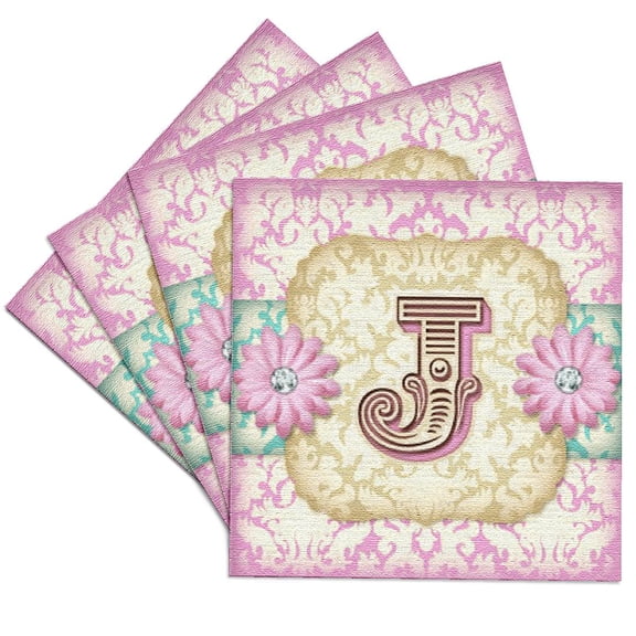 3dRose, Regal Pastel Mod Damask Monogram Initial J, Set of 4 Ceramic Tile Coasters