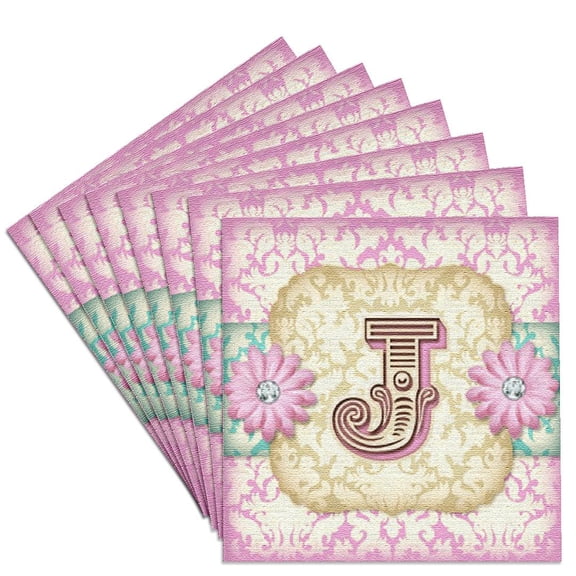3dRose, Regal Pastel Mod Damask Monogram Initial J, Set of 8 Ceramic Tile Coasters