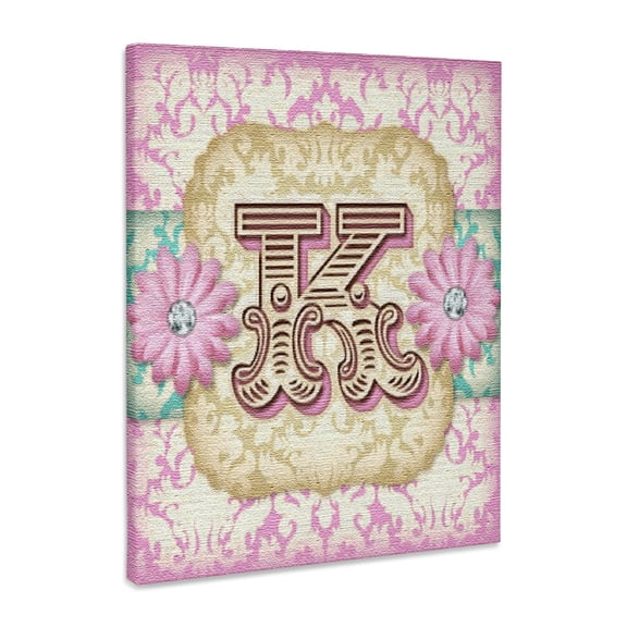 3dRose, Regal Pastel Mod Damask Monogram Initial K, Museum Grade Canvas Wrap 11x14