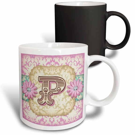 3drose, Regal Pastel Mod Damask Monogram Initial P, 11oz Magic Transforming Mug