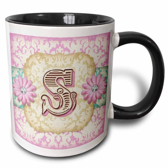 3drose, Regal Pastel Mod Damask Monogram Initial S, 11oz Two-tone Black Mug
