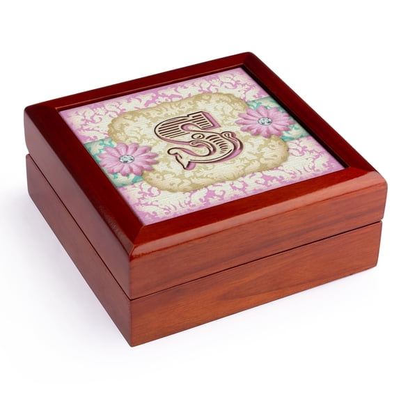 3dRose, Regal Pastel Mod Damask Monogram Initial S, Jewelry Box 5.5x5.5 inch with 4 inch tile