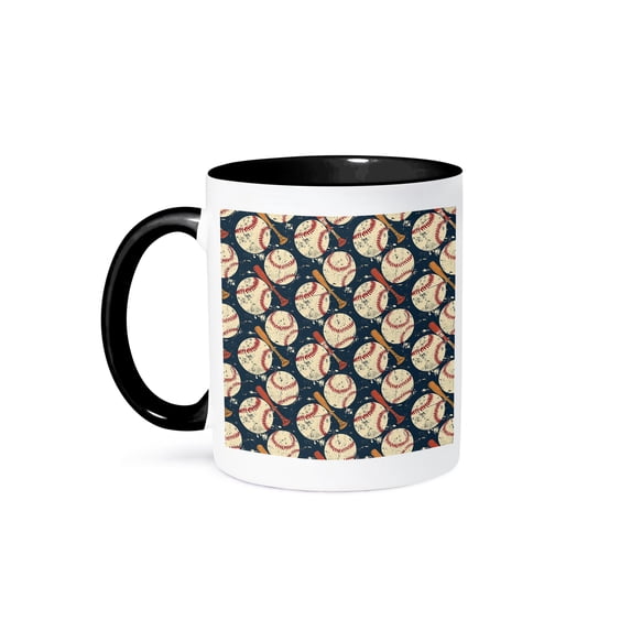 3drose, Regular Pattern of Beige Baseball Balls and Brown Bats on Blue, Gift, 11oz Two-tone Black Mug