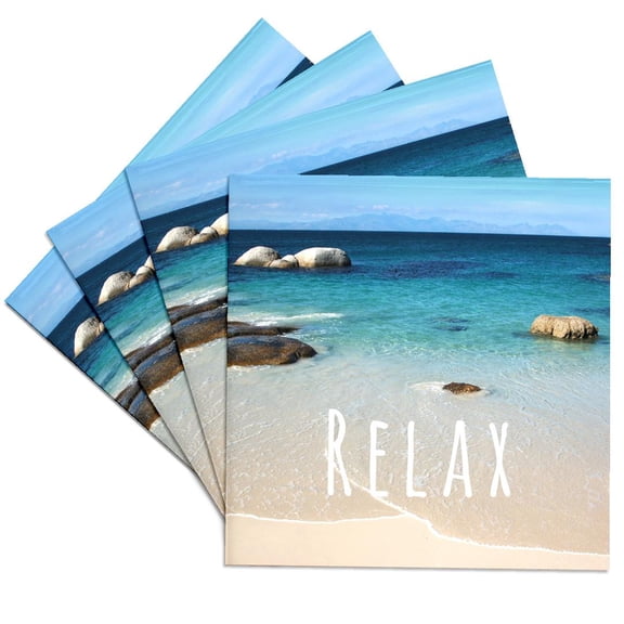 3dRose, Relax - Positive affirmations - Inspiring motivational word - Beach photography - calm ocean sea, Set of 4 Ceramic Tile Coasters