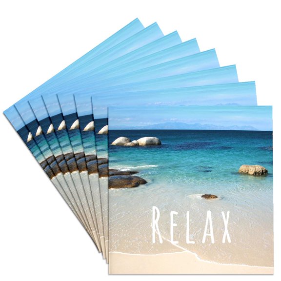 3dRose, Relax - Positive affirmations - Inspiring motivational word - Beach photography - calm ocean sea, Set of 8 Ceramic Tile Coasters