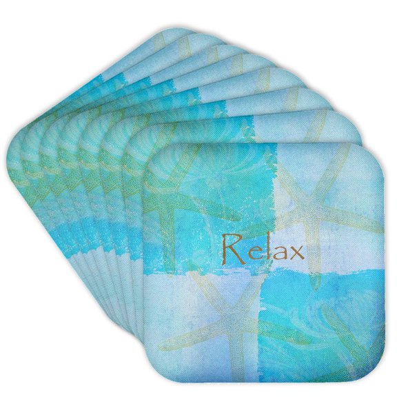 3dRose, Relax Starfish Aqua and Blue Beach Theme with Ocean Colors, set of 8 Coasters - Soft