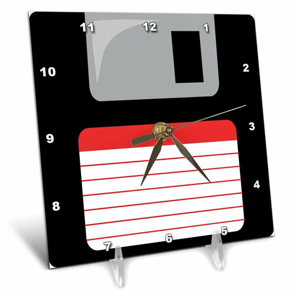 3dRose, Retro 90s computer black floppy disk graphic design with red label - 1990s - ninties computer tech, 6x6 Desk Clock