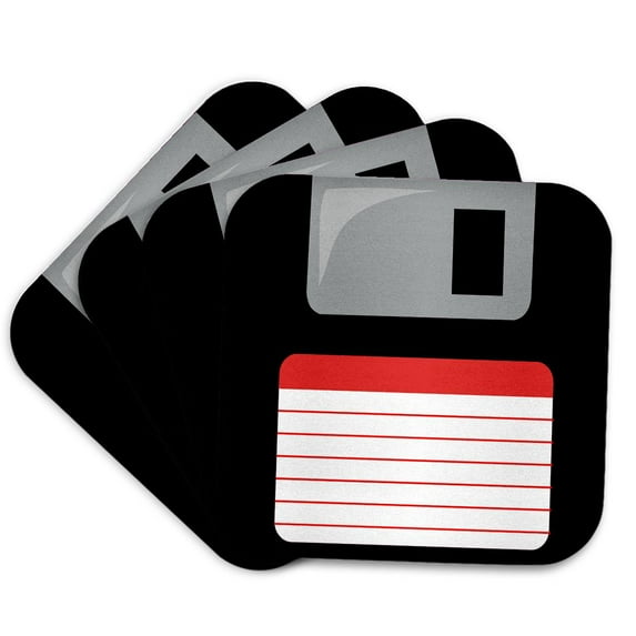 3drose, Retro 90s Computer Black Floppy Disk Graphic Design with Red Label - 1990s - Ninties Computer Tech, Set of 4 Coasters - Soft