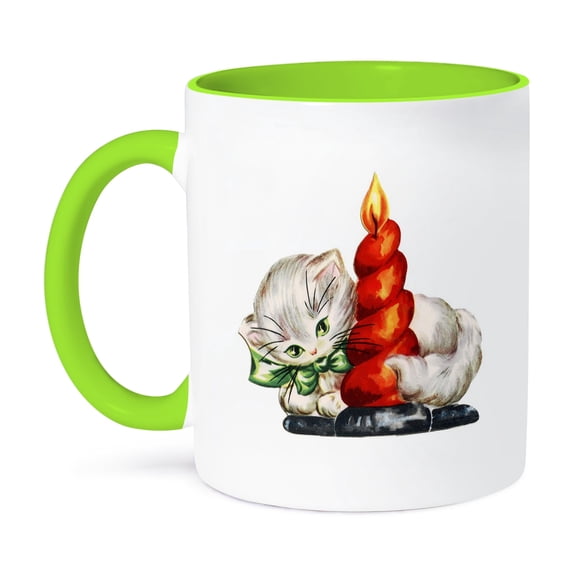 3dRose, Retro Forties Image Of kitten n Candle, 15oz Two-Tone Green Mug