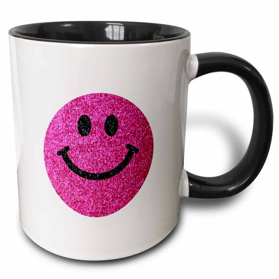 3drose, Retro Hot Pink Smiling Face Glittery Texture Graphic - Not Actual Glitter or Sparkles on Funky White, 15oz Two-tone Black Mug