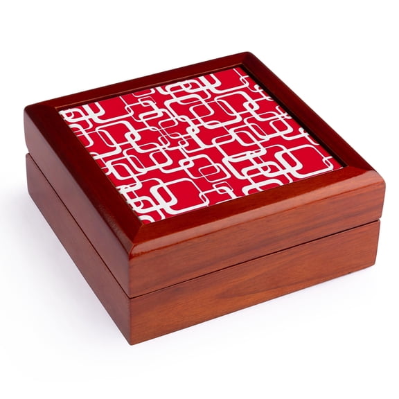 3dRose, Retro MCM Square Motif Vintage Pattern Red, Jewelry Box 5.5x5.5 inch with 4 inch tile