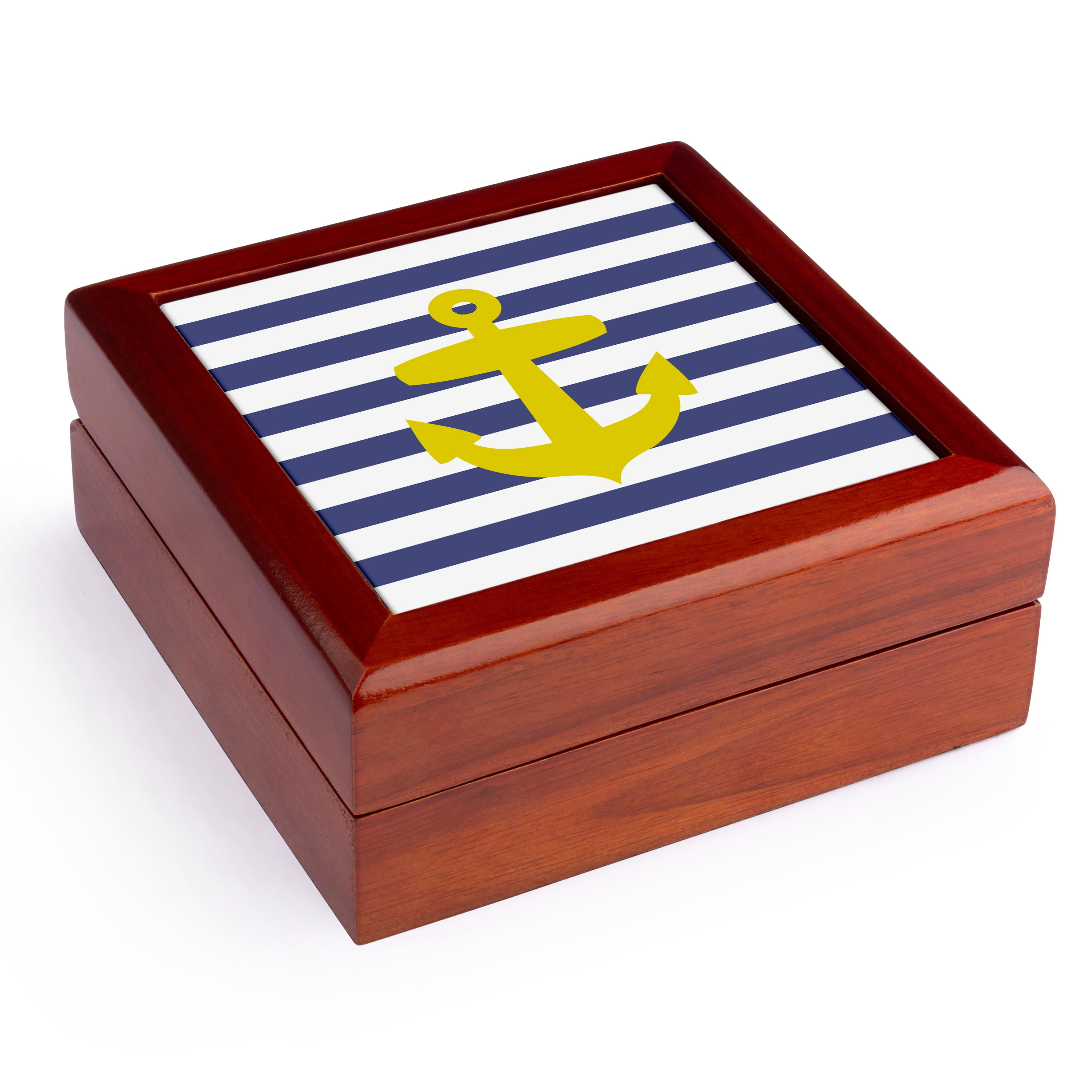 3dRose, Retro Nautical Golden Yellow Anchor with navy blue sailor stripe pattern - French Breton stripes, Jewelry Box 5.5x5.5 inch with 4 inch tile