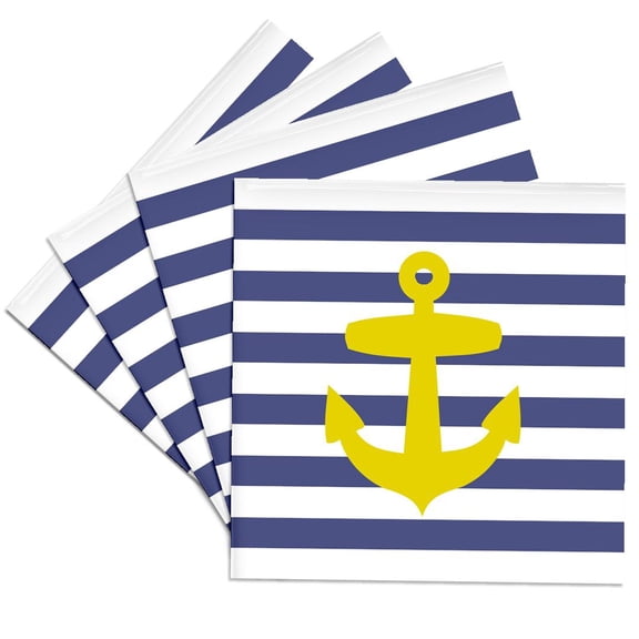 3dRose, Retro Nautical Golden Yellow Anchor with navy blue sailor stripe pattern - French Breton stripes, Set of 4 Ceramic Tile Coasters