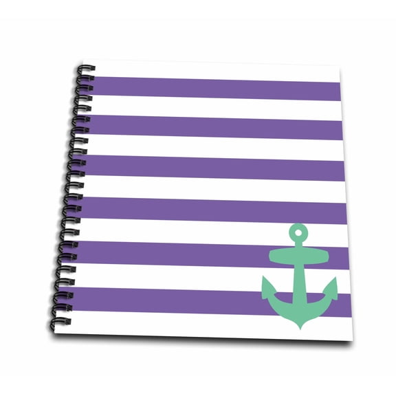 3dRose, Retro Nautical Teal Turquoise Anchor in Corner with Navy Blue sailor stripe pattern - Breton stripes, Memory Book 12 x 12 inch