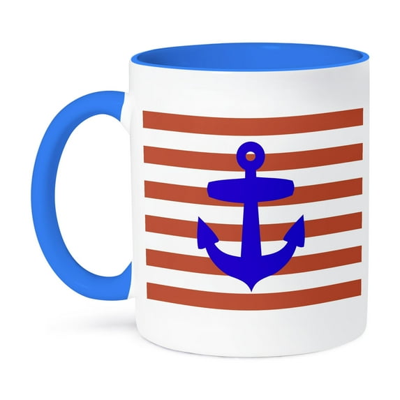 3dRose, Retro Nautical navy blue anchor with red sailor stripes pattern - French Breton Stripe, 11oz Two-Tone Blue Mug