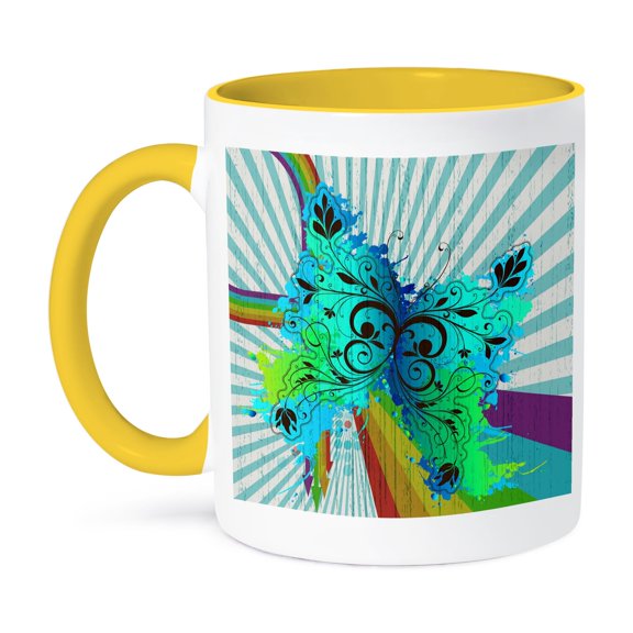 3dRose, Retro Rainbow Abstract Butterfly Vector Illustration, 11oz Two-Tone Yellow Mug