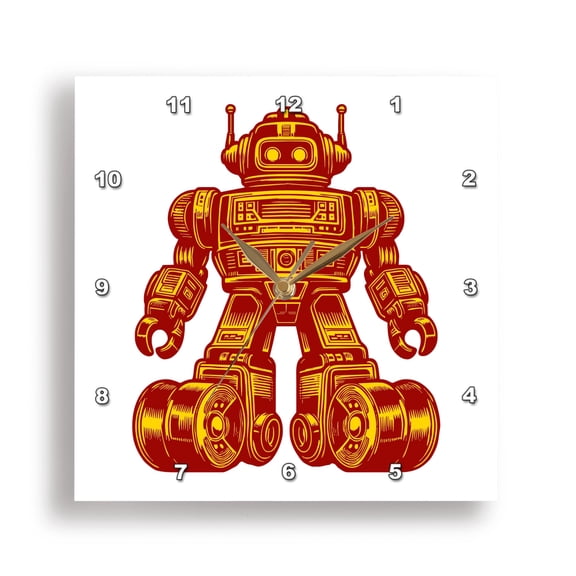3dRose, Retro Toy Robot In Red and Yellow, 15x15 Wall Clock