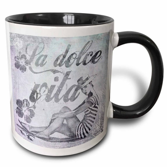3drose, Retro Woman in Swimsuit and Text La Dolce Vita in Grey, 15oz Two-tone Black Mug