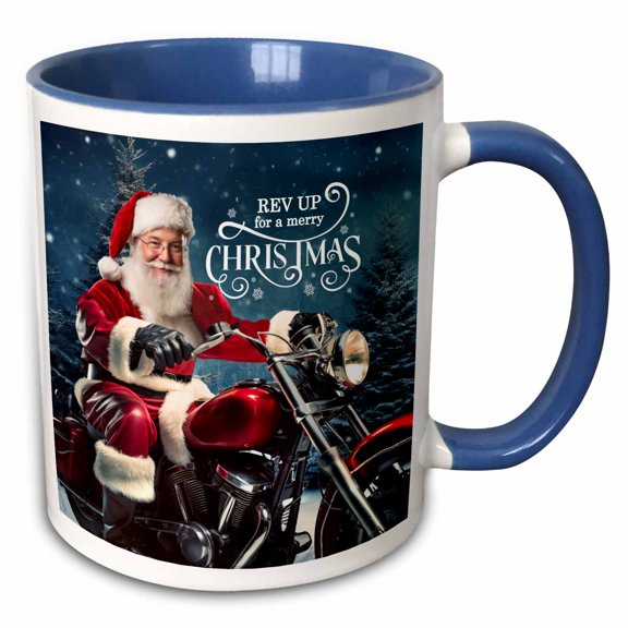 3drose, Rev Up for a Merry Christmas Santa on a Motorcycle for Christmas, 11oz Two-tone Blue Mug