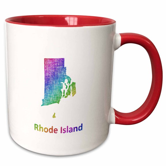 3drose, Rhode Island State Map - Rainbow Sketch Design, 11oz Two-tone Red Mug