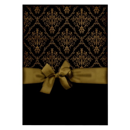 3dRose, Ribbon and Bow on Damask Design, Black and Gold, 22x30 Bath Hand Pool Towel